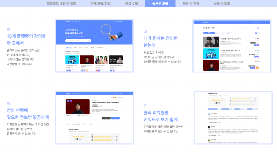 화면 설계 — 통합 검색, 검색 결과, 강의 상세, 후기 모아 보기