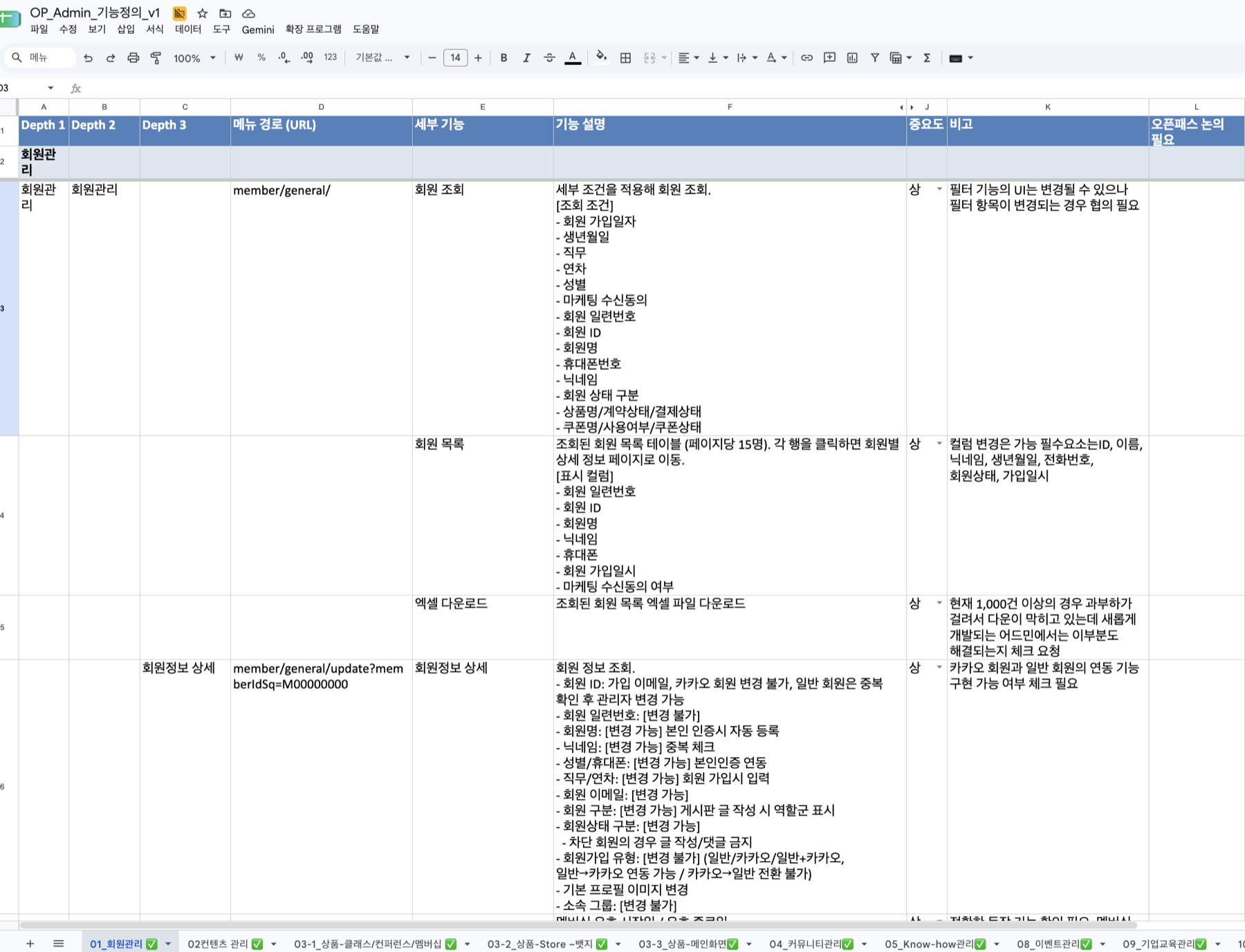 초기 기능 정의서(엑셀). 디자이너가 작성한 메뉴 경로, 세부 기능, 중요도 문서로, 보완 요청의 출발점