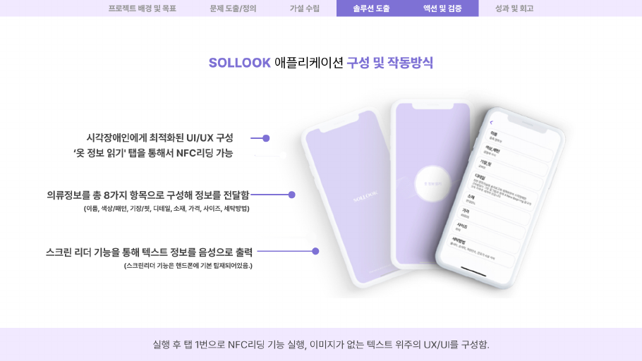 앱 구성과 작동 방식 — 옷 정보 읽기 탭, 8개 항목, 스크린 리더 음성 출력